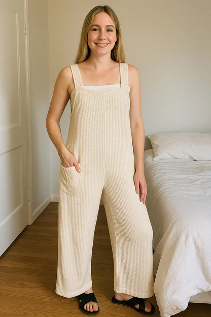 Zenana Knit Waffle Wide Leg Overalls in Beige