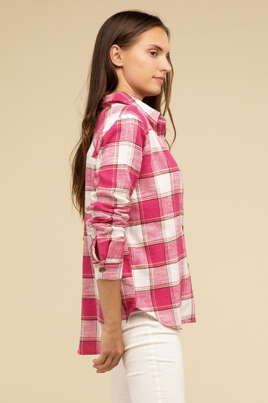 ZENANA Cotton Plaid Shacket With Front Pocket