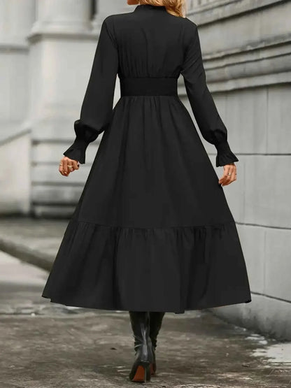 Notched Long Sleeve Tiered Dress