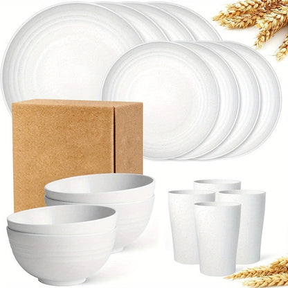 A 16-piece black dinnerware set including plates, bowls, and cups, made from wheat straw, displayed with packaging.