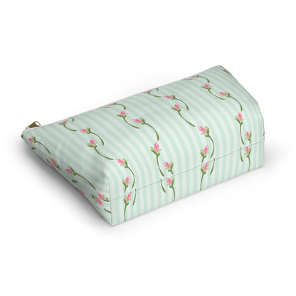 Customizable: Floral Print Accessory Pouch | Cute Makeup Bag, Travel Organizer, Gift for Her, Floral Clutch, Green Striped Bag