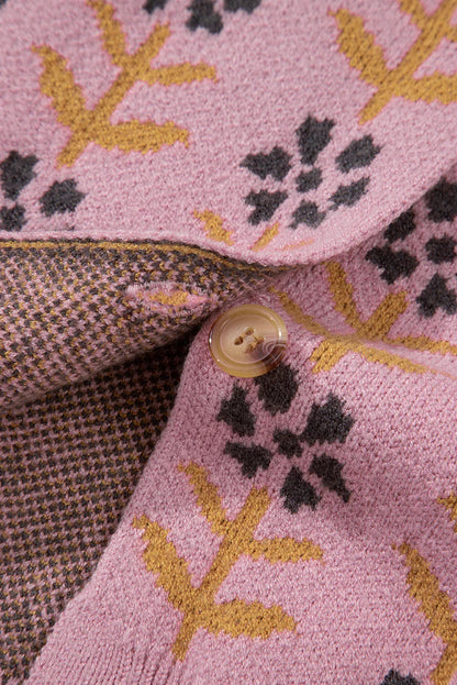 Pink Floral Button Down Ribbed Trim Knit Cardigan