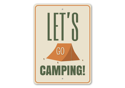 Sign with 'Let's Go Camping!' text and a tent illustration on a beige background