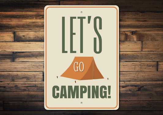 Sign with 'Let's Go Camping!' text and a tent illustration on a wooden background