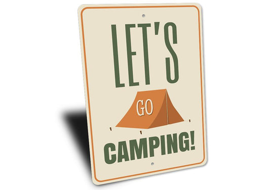 Sign with 'Let's Go Camping!' text and a tent illustration on a beige background