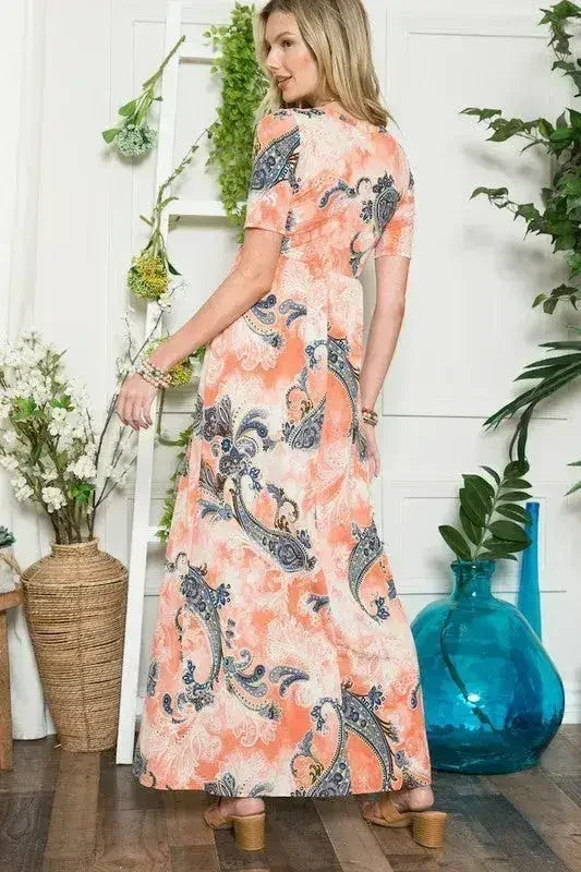 Celeste Paisley Print Short Sleeve Maxi Dress with Pockets