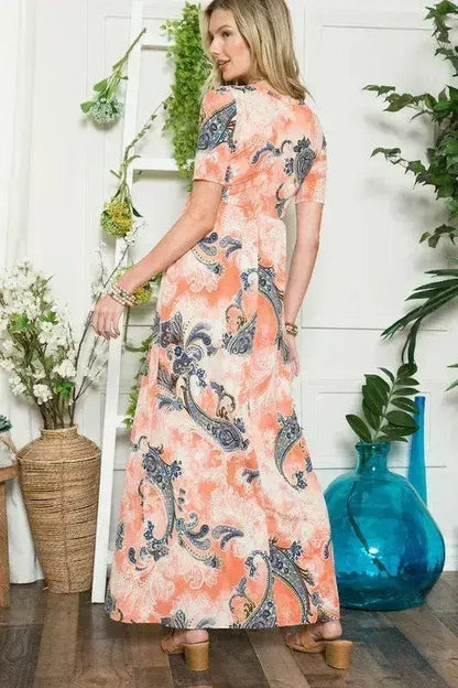 Celeste Paisley Print Short Sleeve Maxi Dress with Pockets
