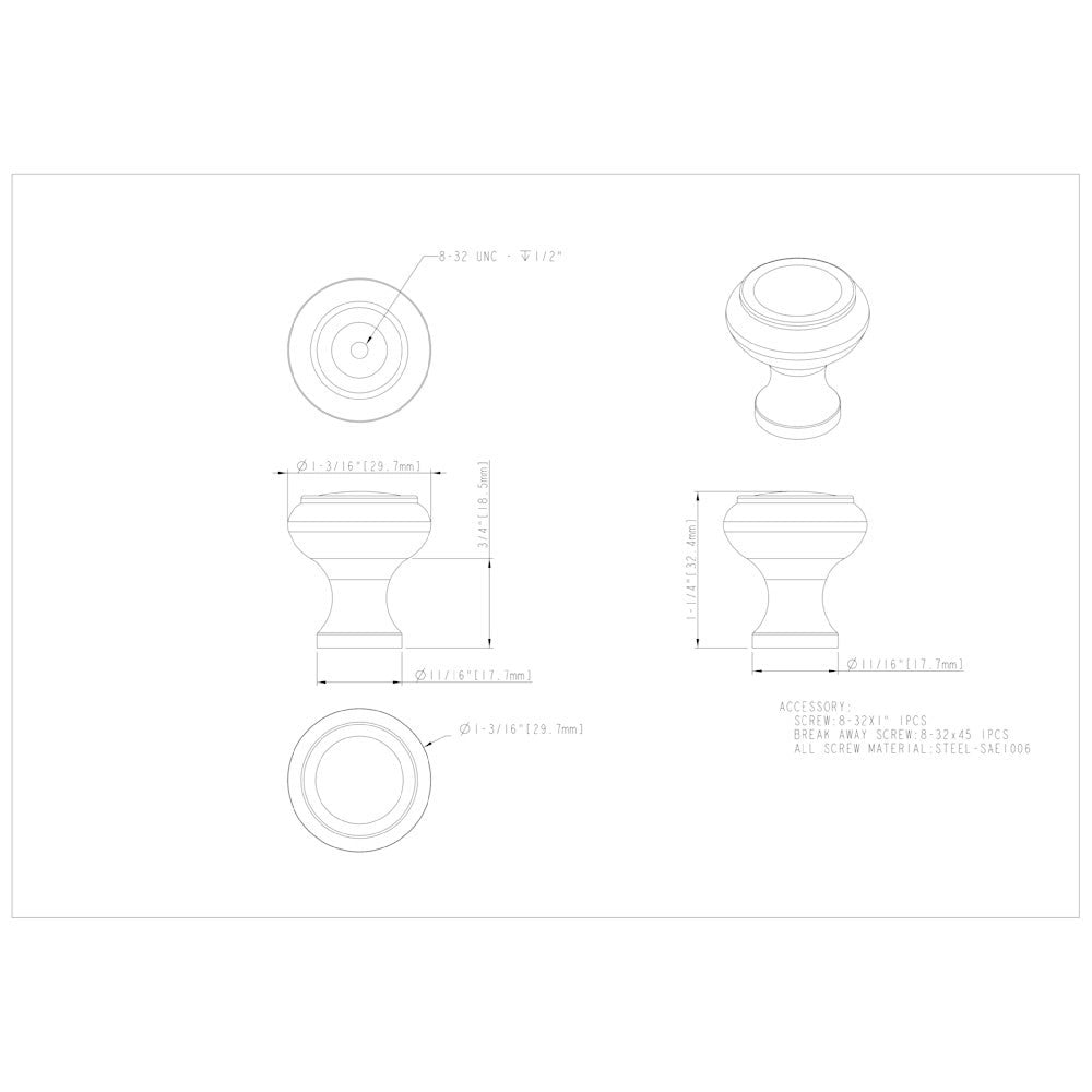 1-3/16" Diameter Satin Nickel Button Westbury Cabinet Knob