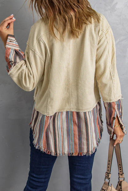 Beige Color Block Corduroy Jacket | Striped Button Up Design - Femstylo