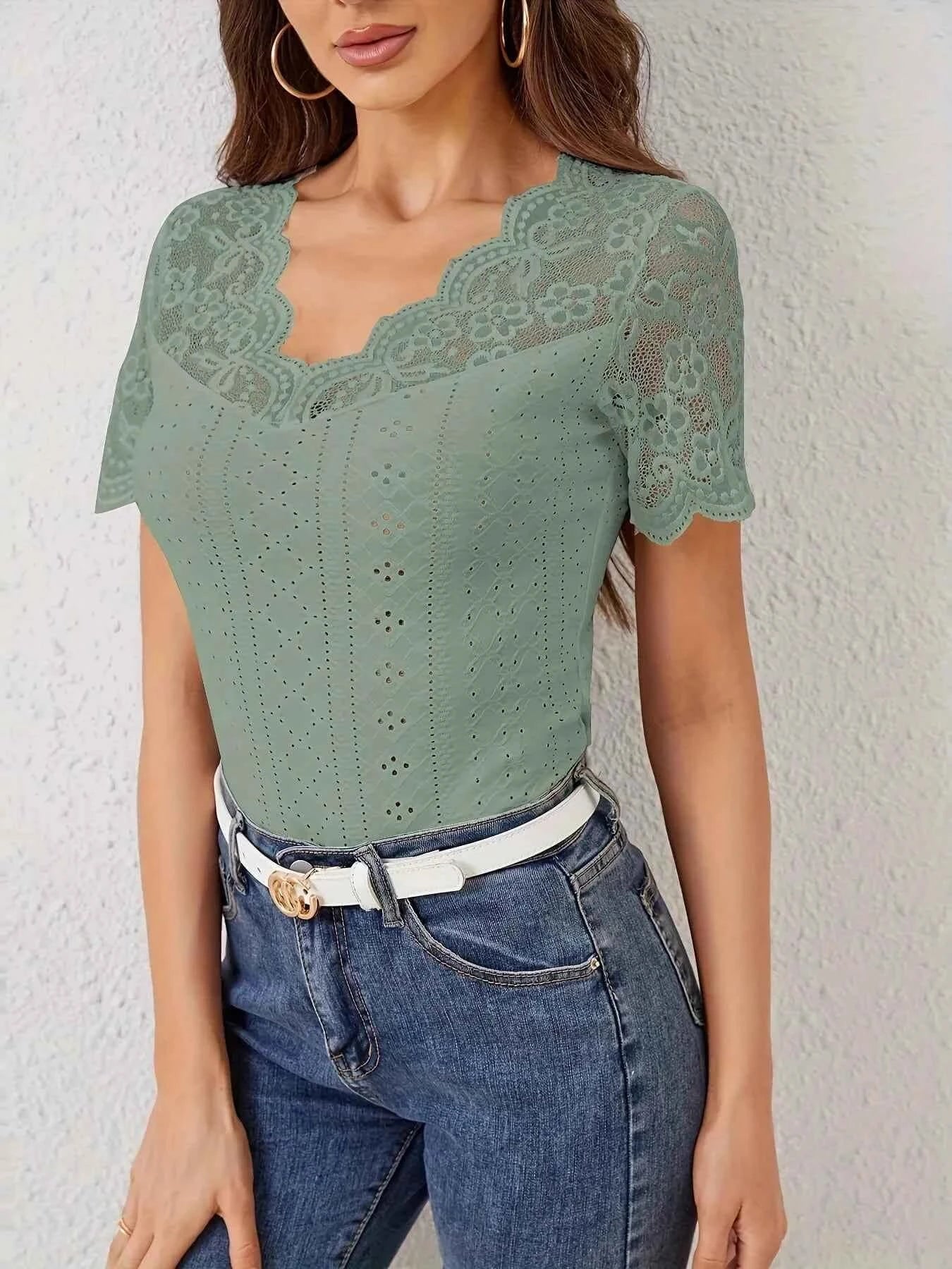 Lace Trim Eyelet Embroidered Summer T Shirt