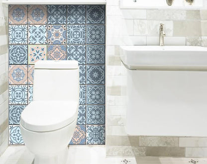 4" X 4" Baby Blue And Peach Mosaic Peel And Stick Removable Tiles