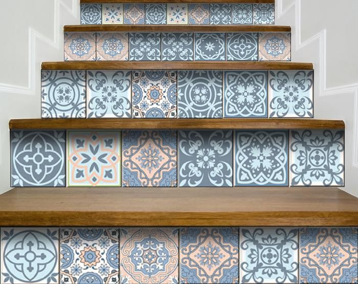4" X 4" Baby Blue And Peach Mosaic Peel And Stick Removable Tiles