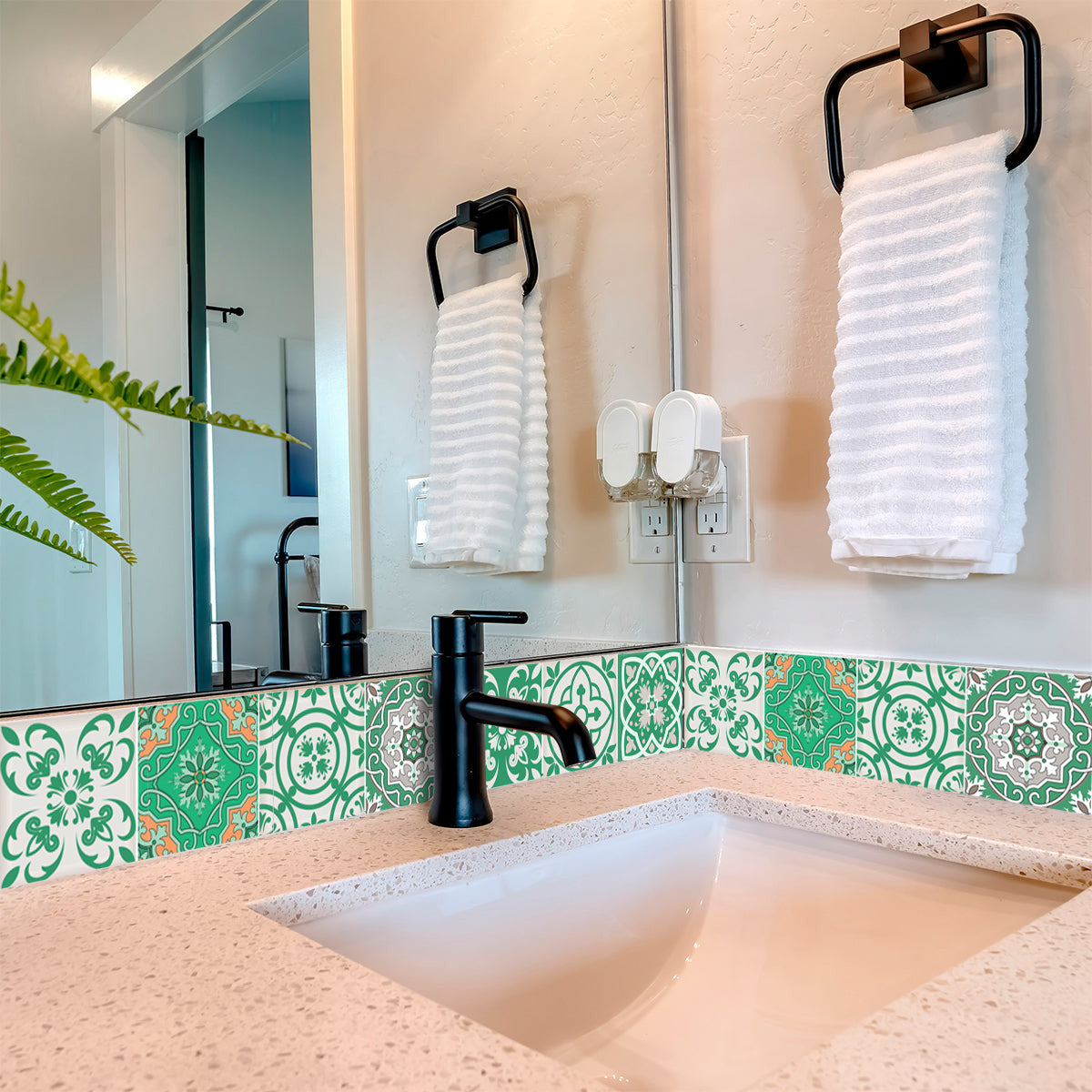 4" X 4" Green And White Mosaic Peel And Stick Removable Tiles
