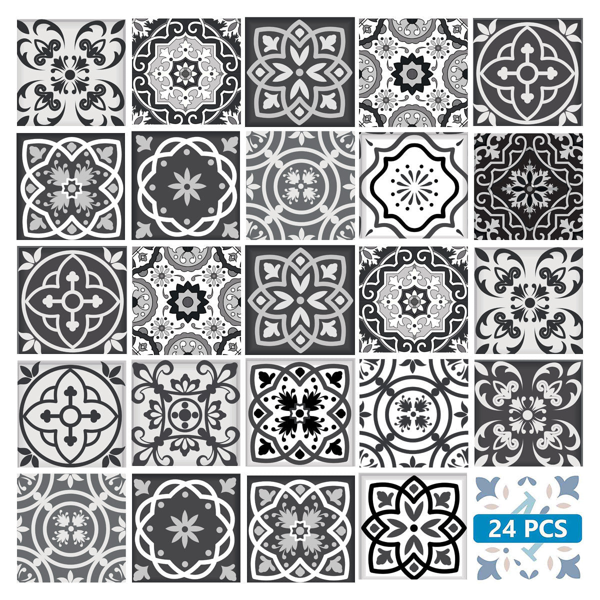 6" X 6" Shades Of Black Mosaic Peel And Stick Removable Tiles