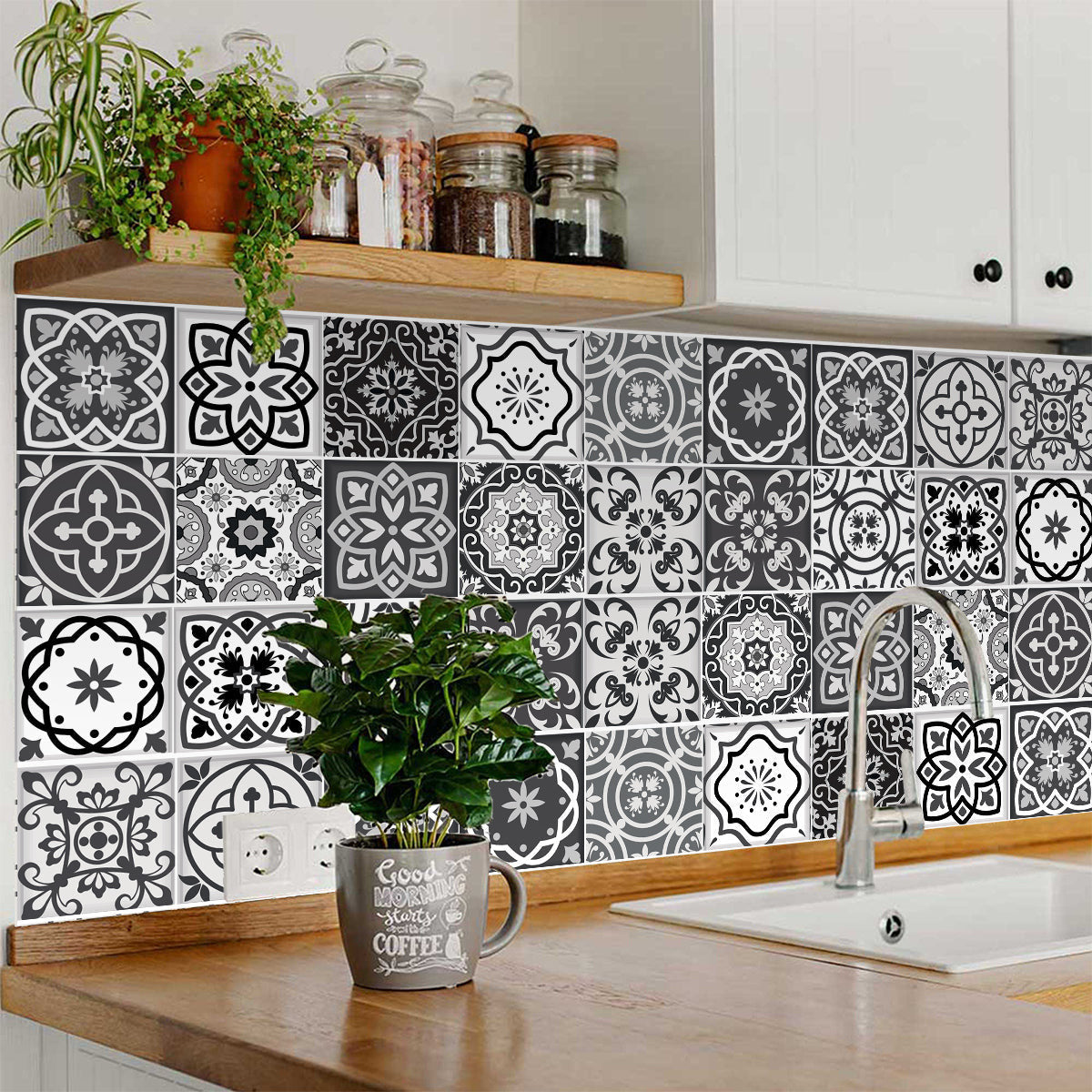 6" X 6" Shades Of Black Mosaic Peel And Stick Removable Tiles