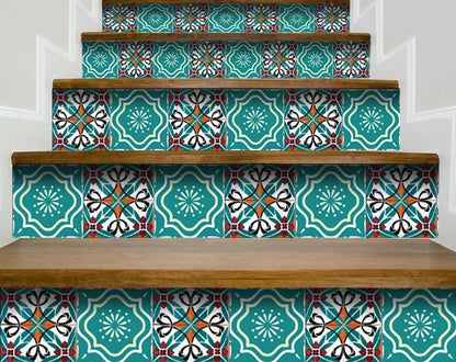 4" X 4" Turq And Terra Cotta Scroll Peel And Stick Removable Tiles