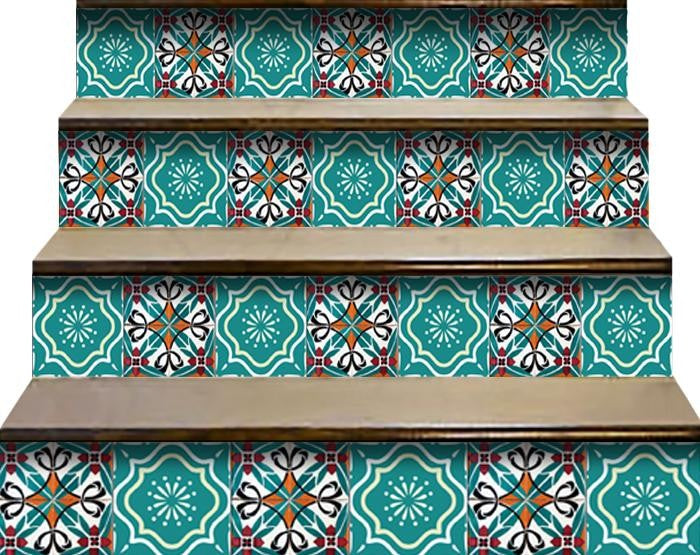 4" X 4" Turq And Terra Cotta Scroll Peel And Stick Removable Tiles