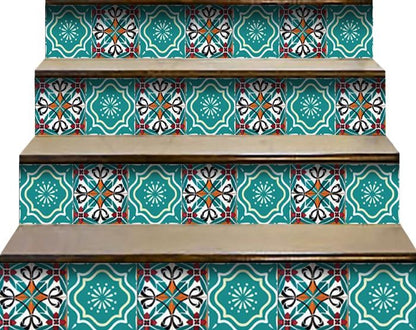 4" X 4" Turq And Terra Cotta Scroll Peel And Stick Removable Tiles