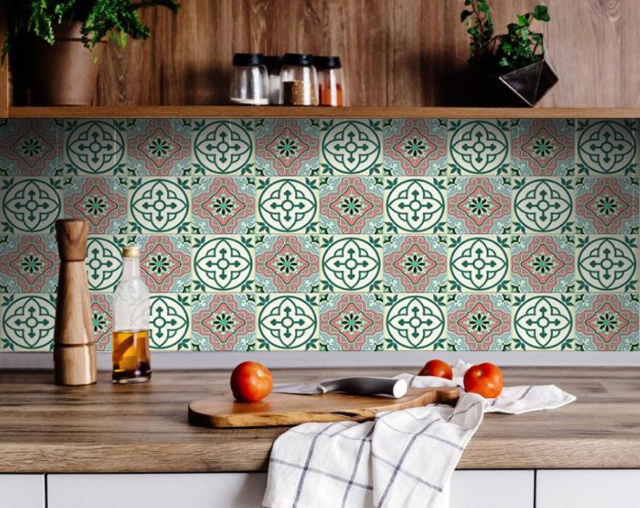 4" X 4" Vintage Green And Taupe Mosaic Peel And Stick Removable Tiles
