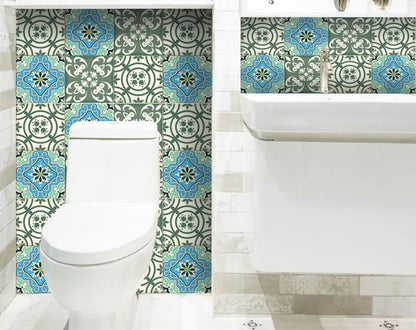 4" X 4" Sage And Aqua Floral Peel And Stick Removable Tiles