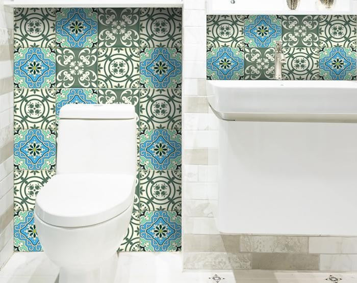 4" X 4" Sage And Aqua Floral Peel And Stick Removable Tiles