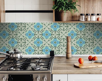 4" X 4" Sage And Aqua Floral Peel And Stick Removable Tiles