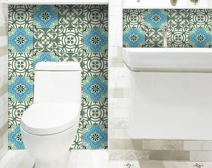 4" X 4" Sage And Aqua Floral Peel And Stick Removable Tiles