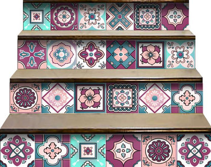 4" X 4" Vintage Turq Blush And Mauve Peel And Stick Removable Tiles