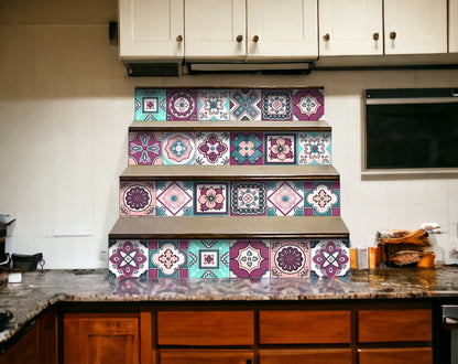 4" X 4" Vintage Turq Blush And Mauve Peel And Stick Removable Tiles