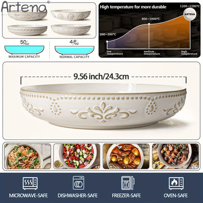 Artena Embossed Damask 24cm Large Ceramic Pasta Bowl | Kitchen + Metal