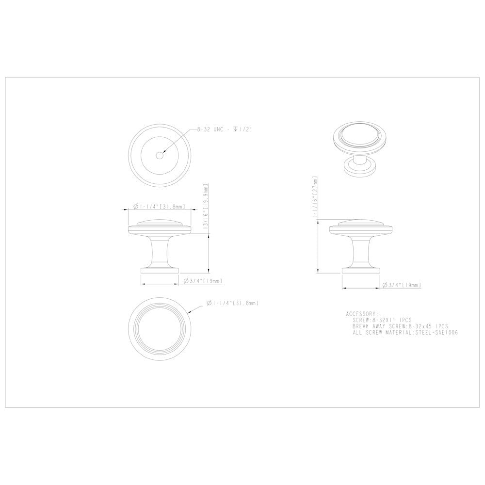 1-1/4" Diameter Satin Nickel Round Button Gatsby Cabinet Knob