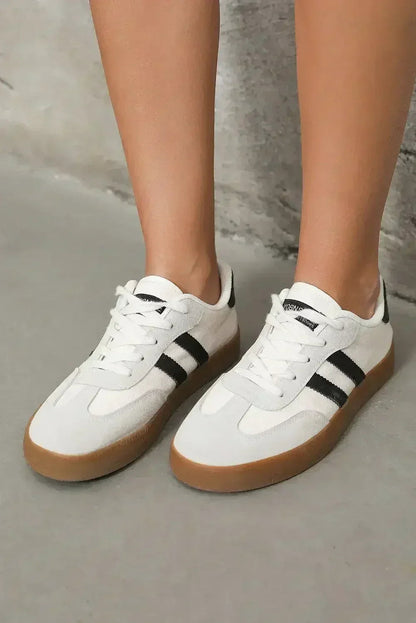 White Striped Lace Up Flat Sneakers