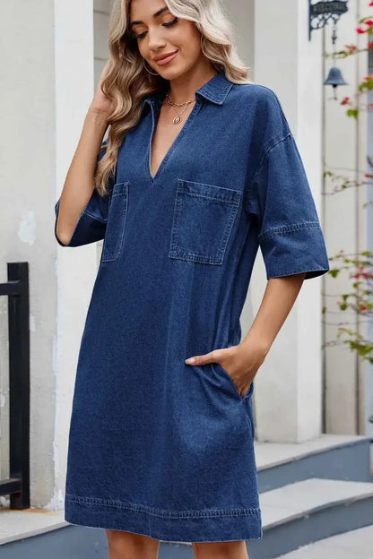 Johnny Collar Denim Dress - Half Sleeve Design