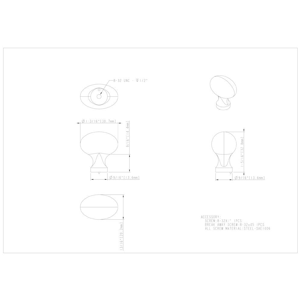 1-3/16" Overall Length Satin Nickel Football Bordeaux Cabinet Knob