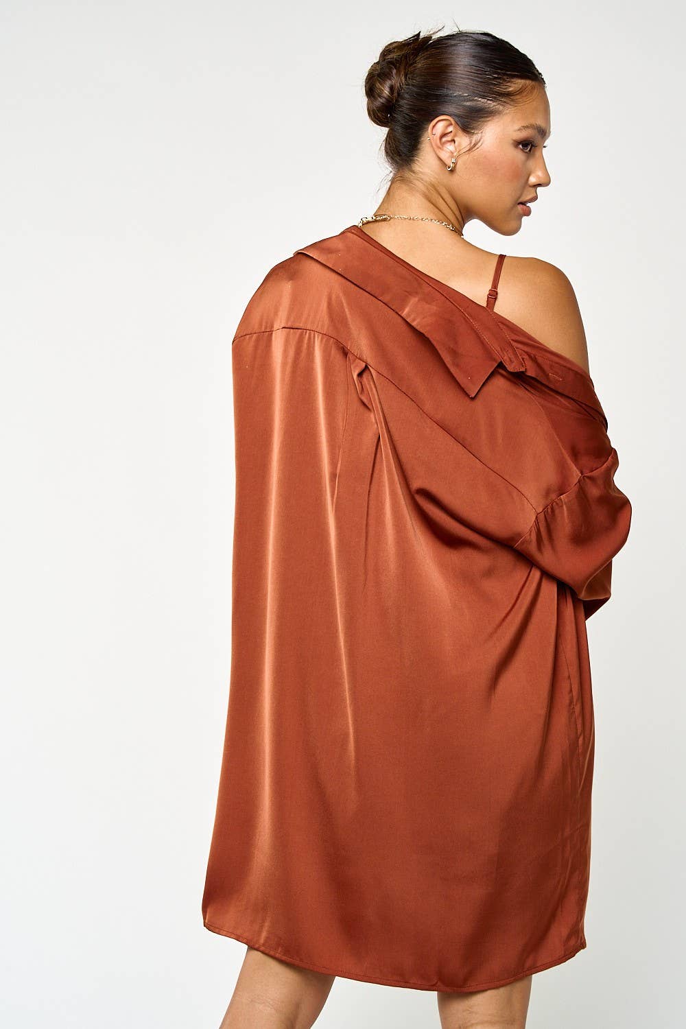 Satin Slip-On Dress and Shirt Set in Cognac [Sizes SM-L]