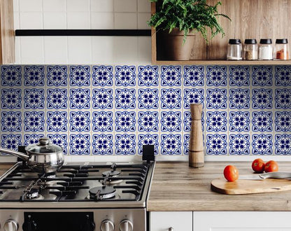 4" X 4" Blue And White Mosaic Peel And Stick Removable Tiles