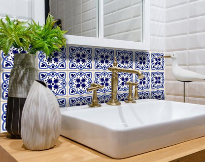 4" X 4" Blue And White Mosaic Peel And Stick Removable Tiles