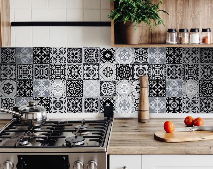 4" X 4" Black White and Gray Mosaic Peel and Stick Tiles