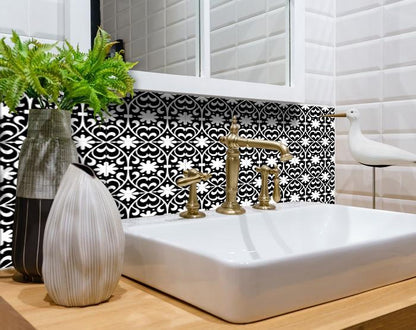 5" X 5" Black and White Floral Peel and Stick Removable Tiles
