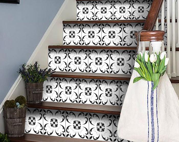 6" X 6" Black and White Delia Peel and Stick Removable Tiles