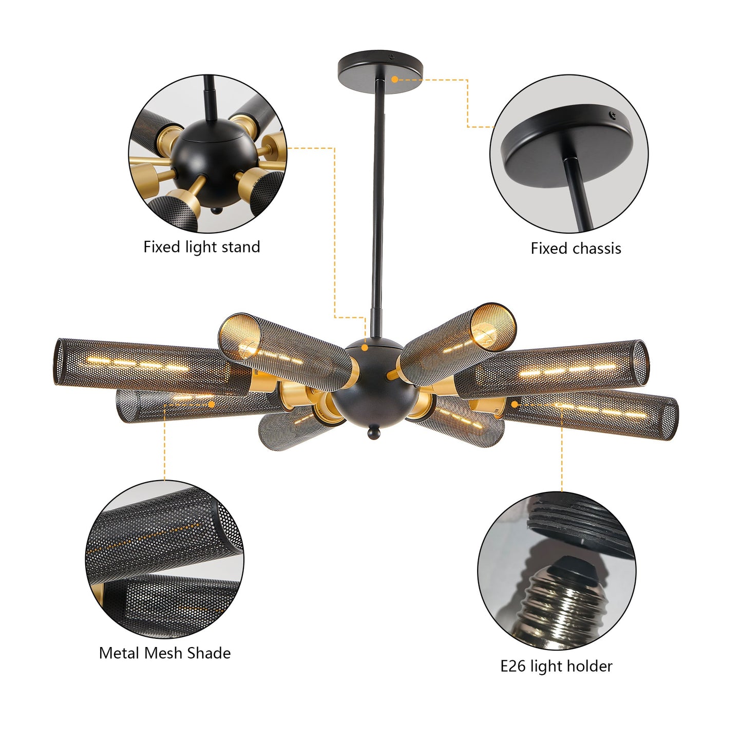 Modern Industrial Sputnik Chandelier, 8-Light Black and Gold Metal | Kitchen [Metal] | Kitchen + Metal