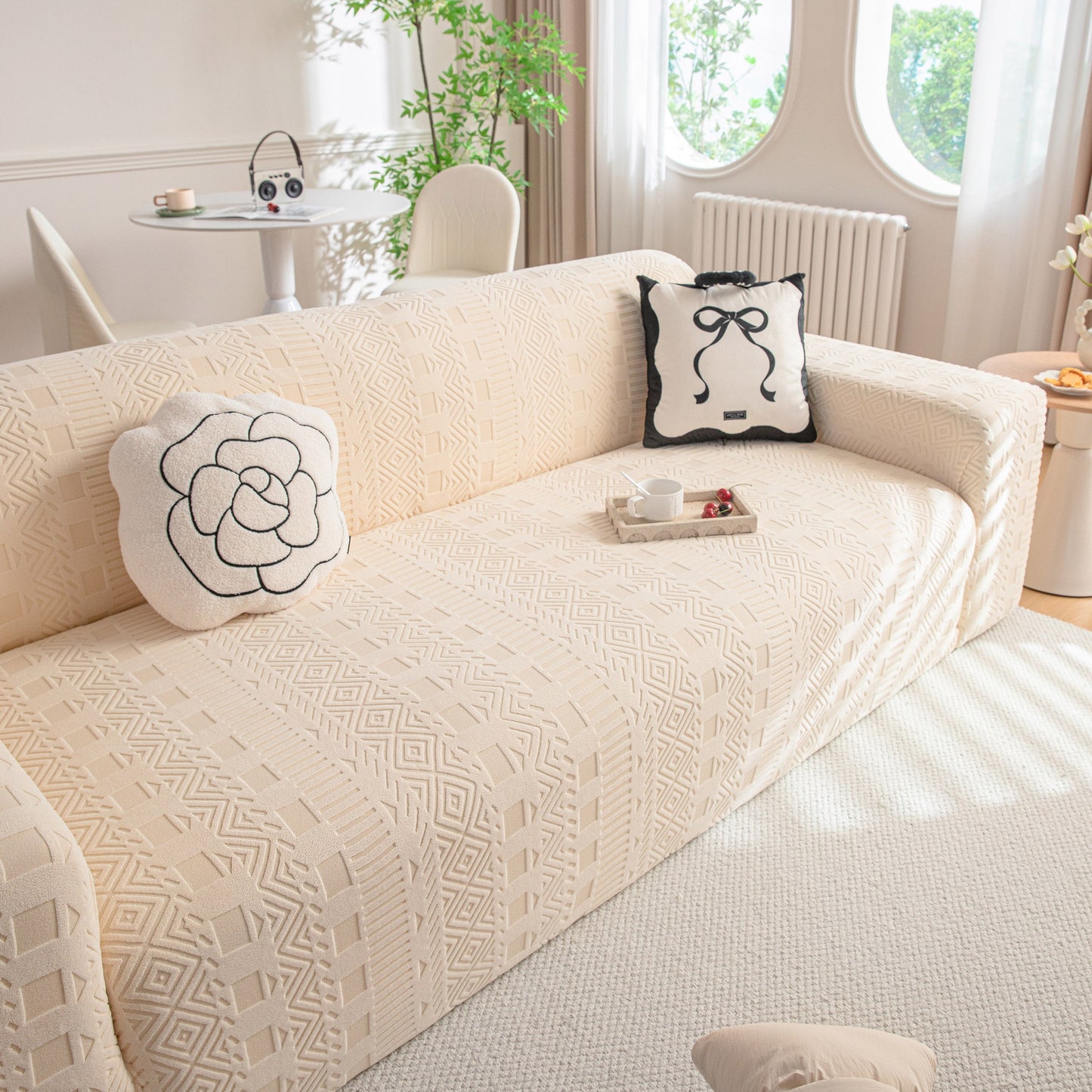 High Stretch Embossed Geometric Slipcover for Couch, Cozy Plush Fleece Couch Cover