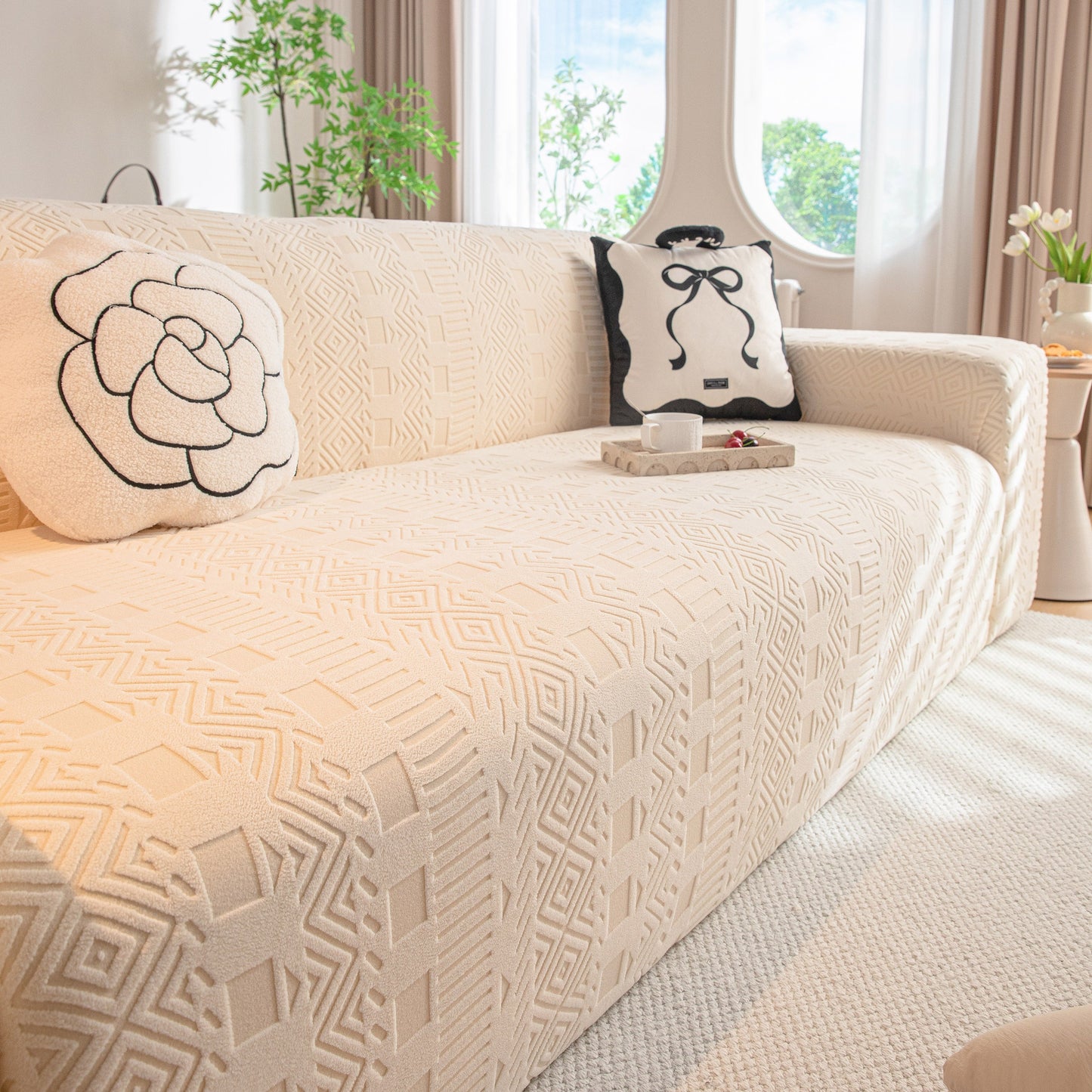 High Stretch Embossed Geometric Slipcover for Couch, Cozy Plush Fleece Couch Cover