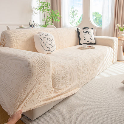 High Stretch Embossed Geometric Slipcover for Couch, Cozy Plush Fleece Couch Cover
