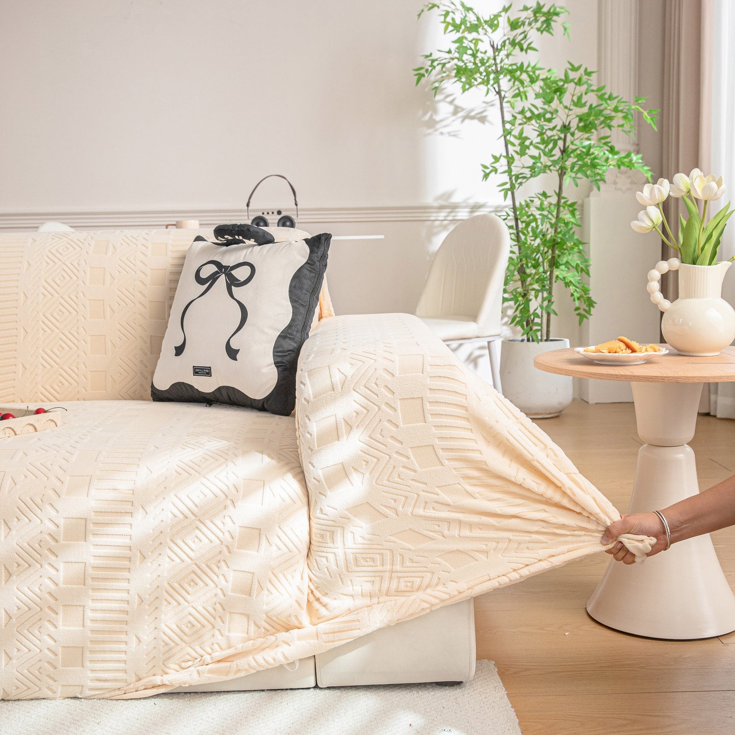 High Stretch Embossed Geometric Slipcover for Couch, Cozy Plush Fleece Couch Cover