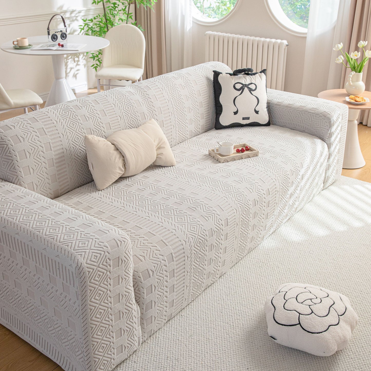 High Stretch Embossed Geometric Slipcover for Couch, Cozy Plush Fleece Couch Cover