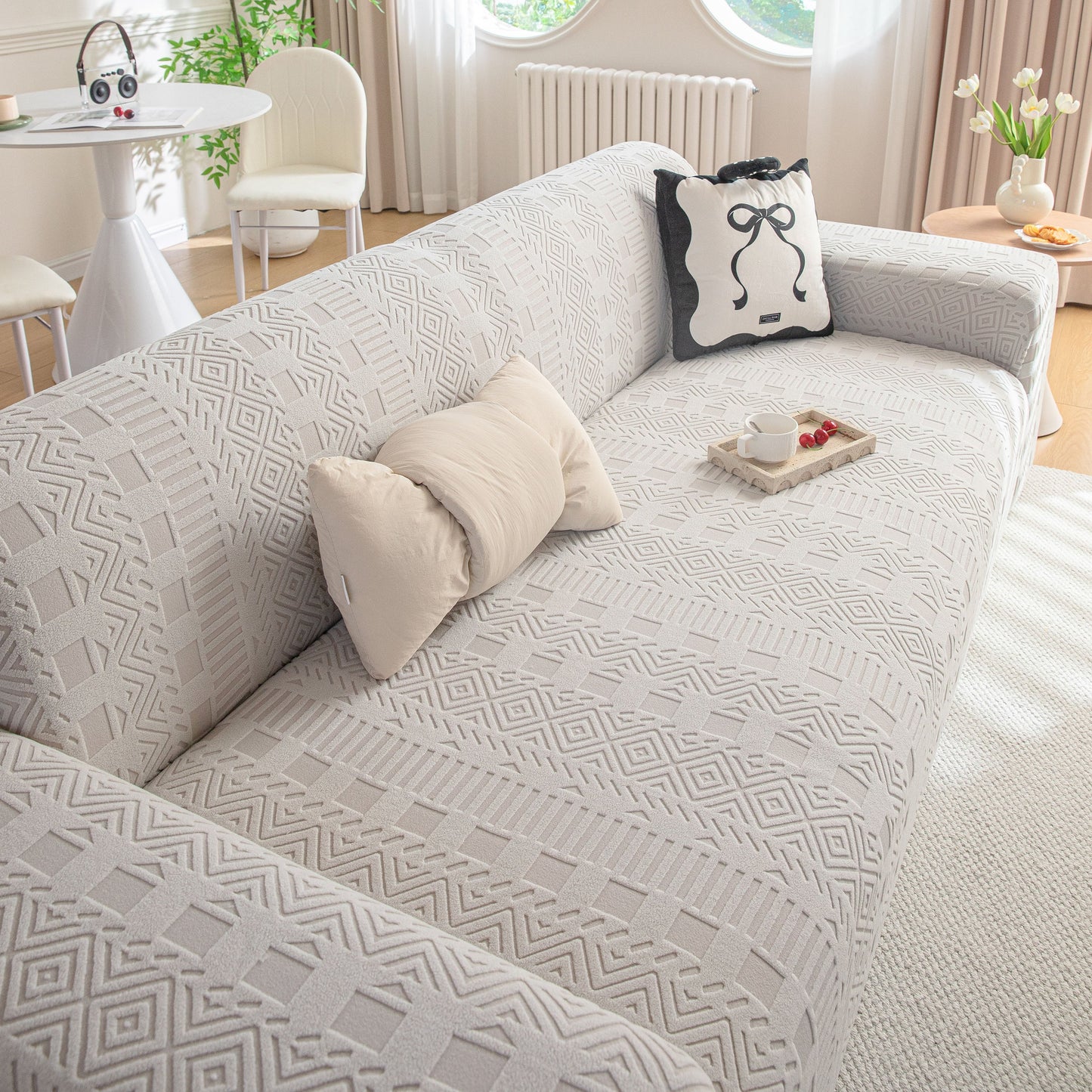 High Stretch Embossed Geometric Slipcover for Couch, Cozy Plush Fleece Couch Cover