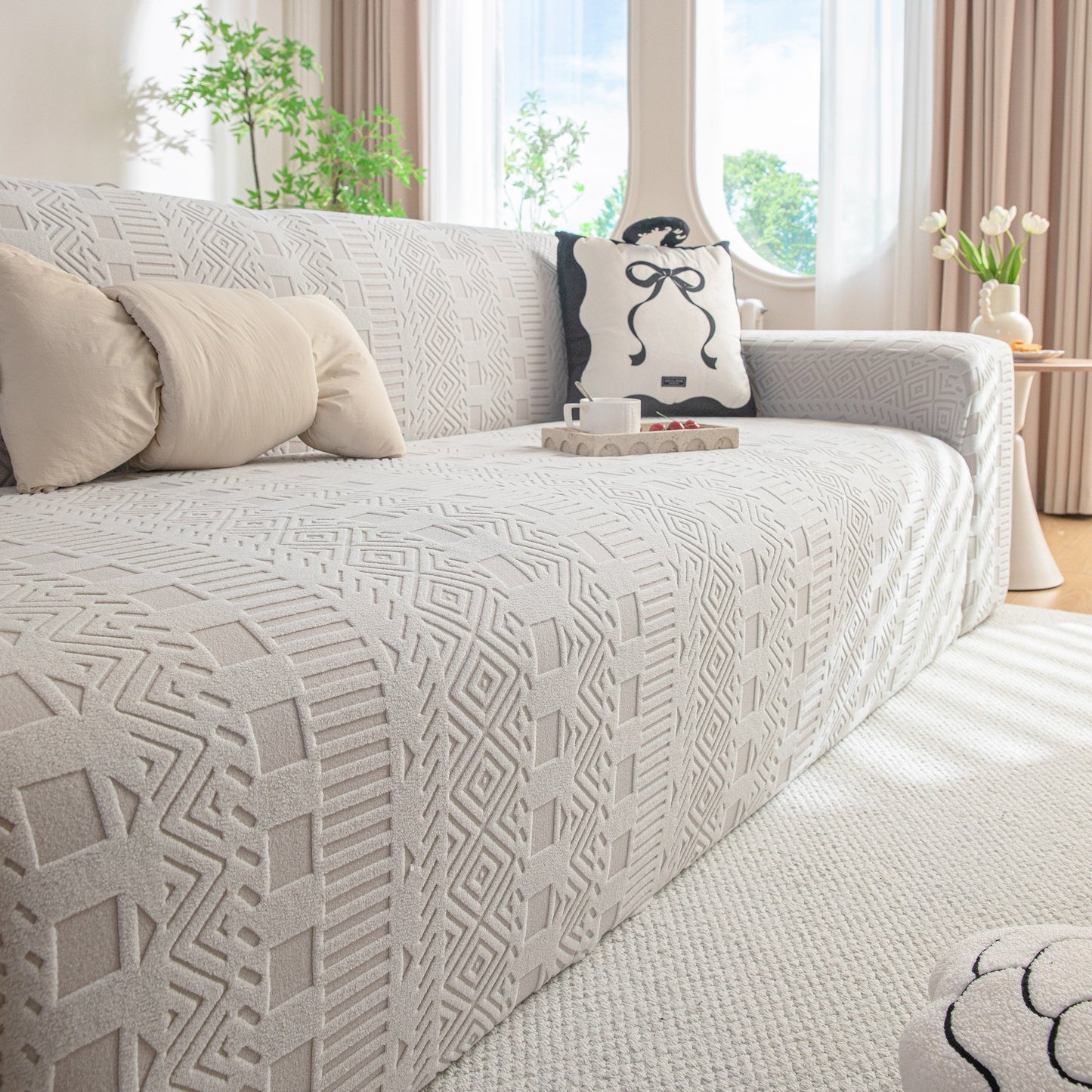 High Stretch Embossed Geometric Slipcover for Couch, Cozy Plush Fleece Couch Cover