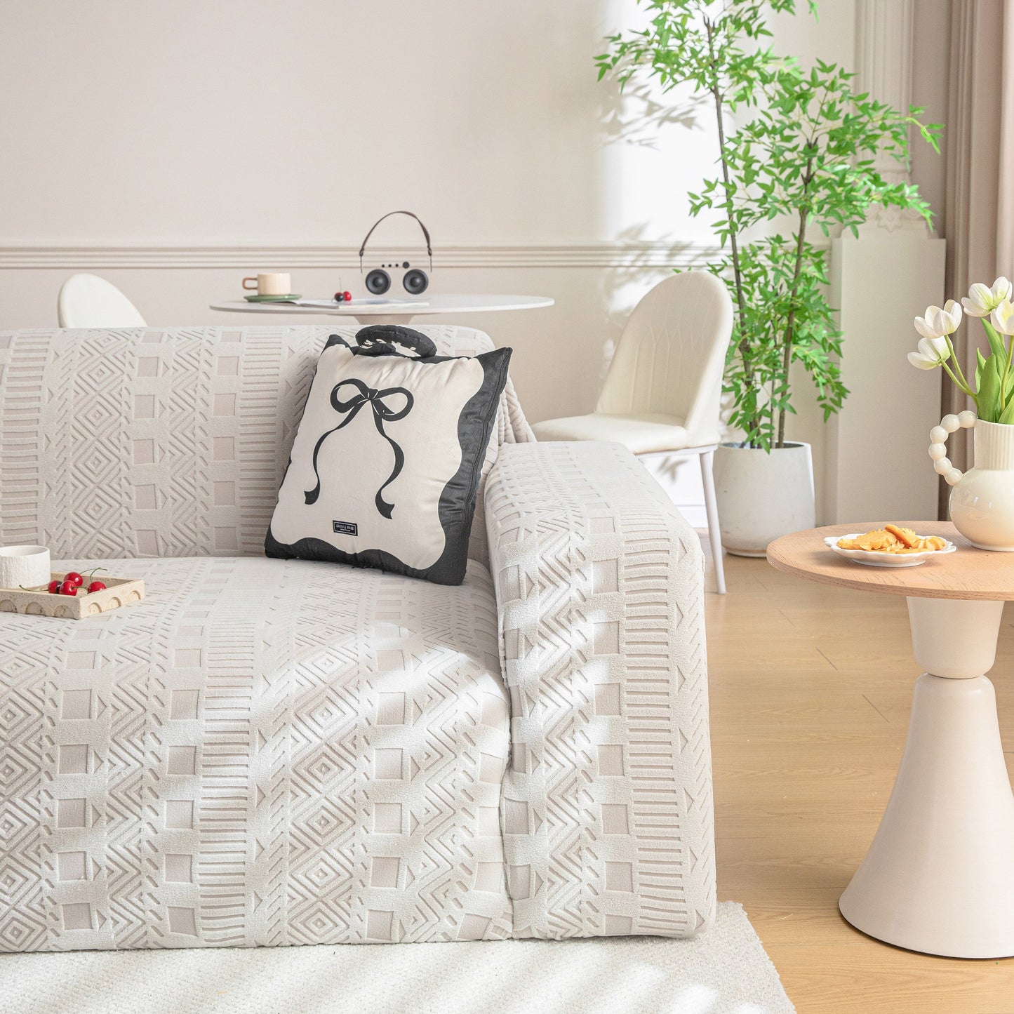 High Stretch Embossed Geometric Slipcover for Couch, Cozy Plush Fleece Couch Cover