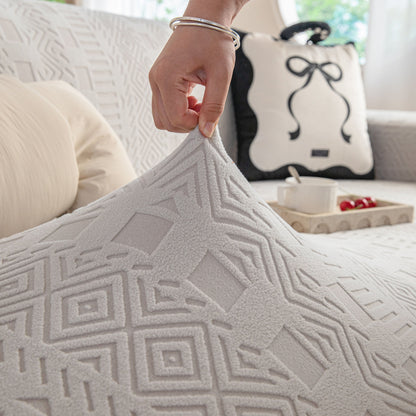 High Stretch Embossed Geometric Slipcover for Couch, Cozy Plush Fleece Couch Cover